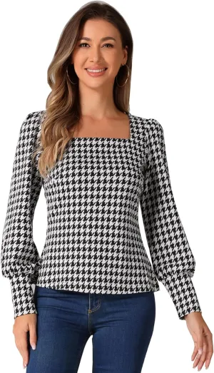 Allegra K Houndstooth Tops for Women's 1950s Vintage Bishop Sleeve Square Neck Blouse
