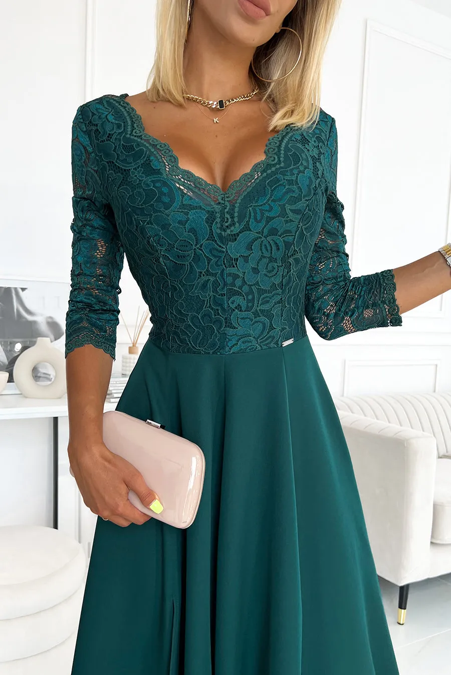 AMBER elegant lace long dress with a neckline - green