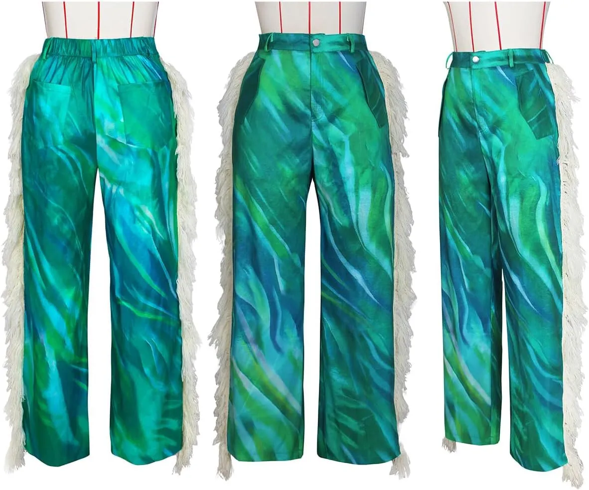 Angsuttc High Waisted Pants for Women Fringe Straight Leg Print Trendy Pants