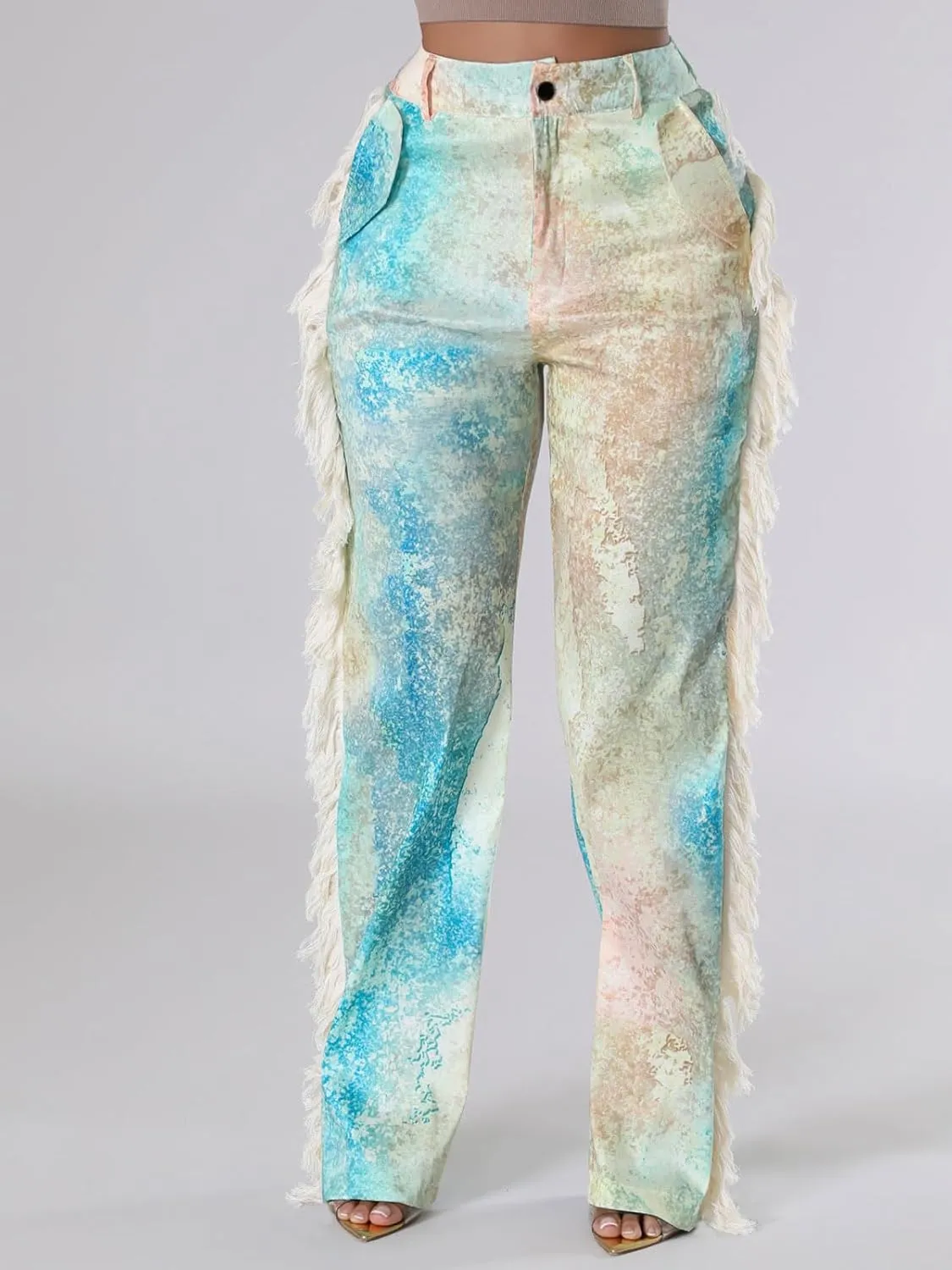 Angsuttc High Waisted Pants for Women Fringe Straight Leg Print Trendy Pants