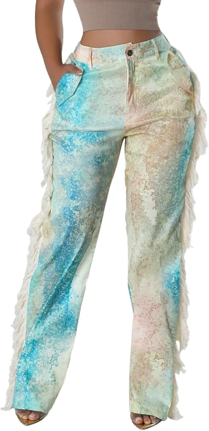 Angsuttc High Waisted Pants for Women Fringe Straight Leg Print Trendy Pants