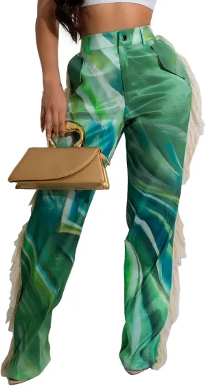 Angsuttc High Waisted Pants for Women Fringe Straight Leg Print Trendy Pants