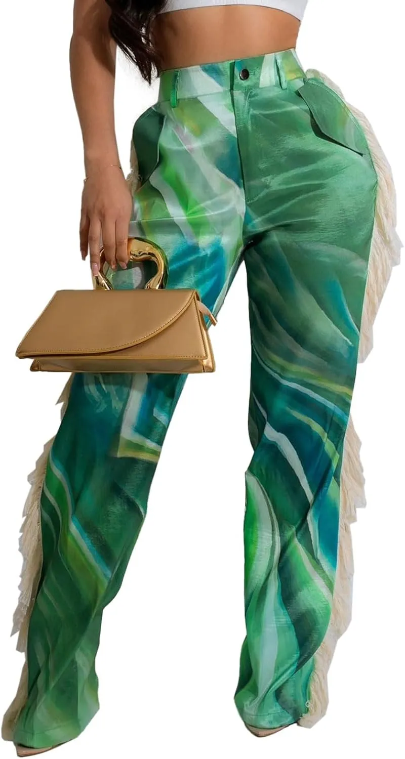 Angsuttc High Waisted Pants for Women Fringe Straight Leg Print Trendy Pants