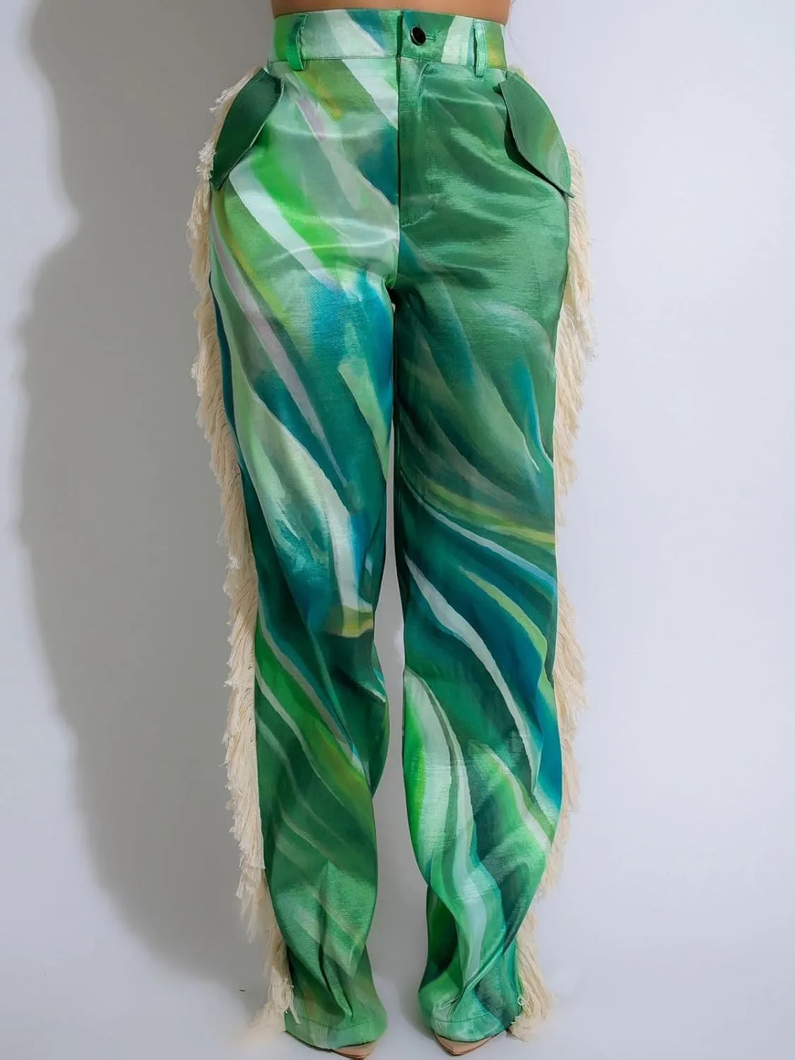 Angsuttc High Waisted Pants for Women Fringe Straight Leg Print Trendy Pants