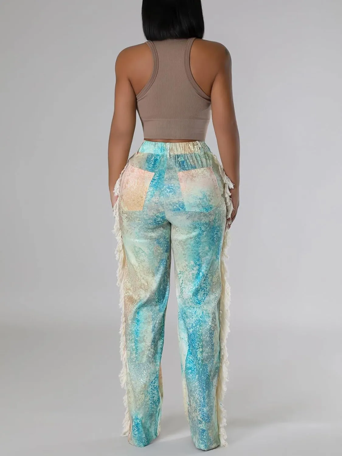 Angsuttc High Waisted Pants for Women Fringe Straight Leg Print Trendy Pants