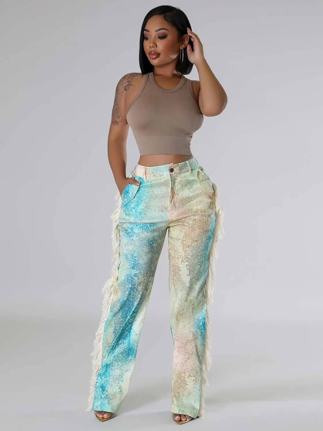 Angsuttc High Waisted Pants for Women Fringe Straight Leg Print Trendy Pants