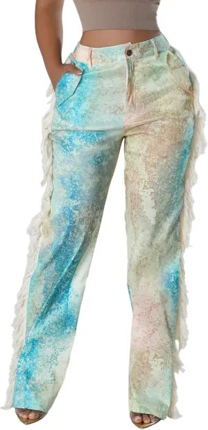 Angsuttc High Waisted Pants for Women Fringe Straight Leg Print Trendy Pants
