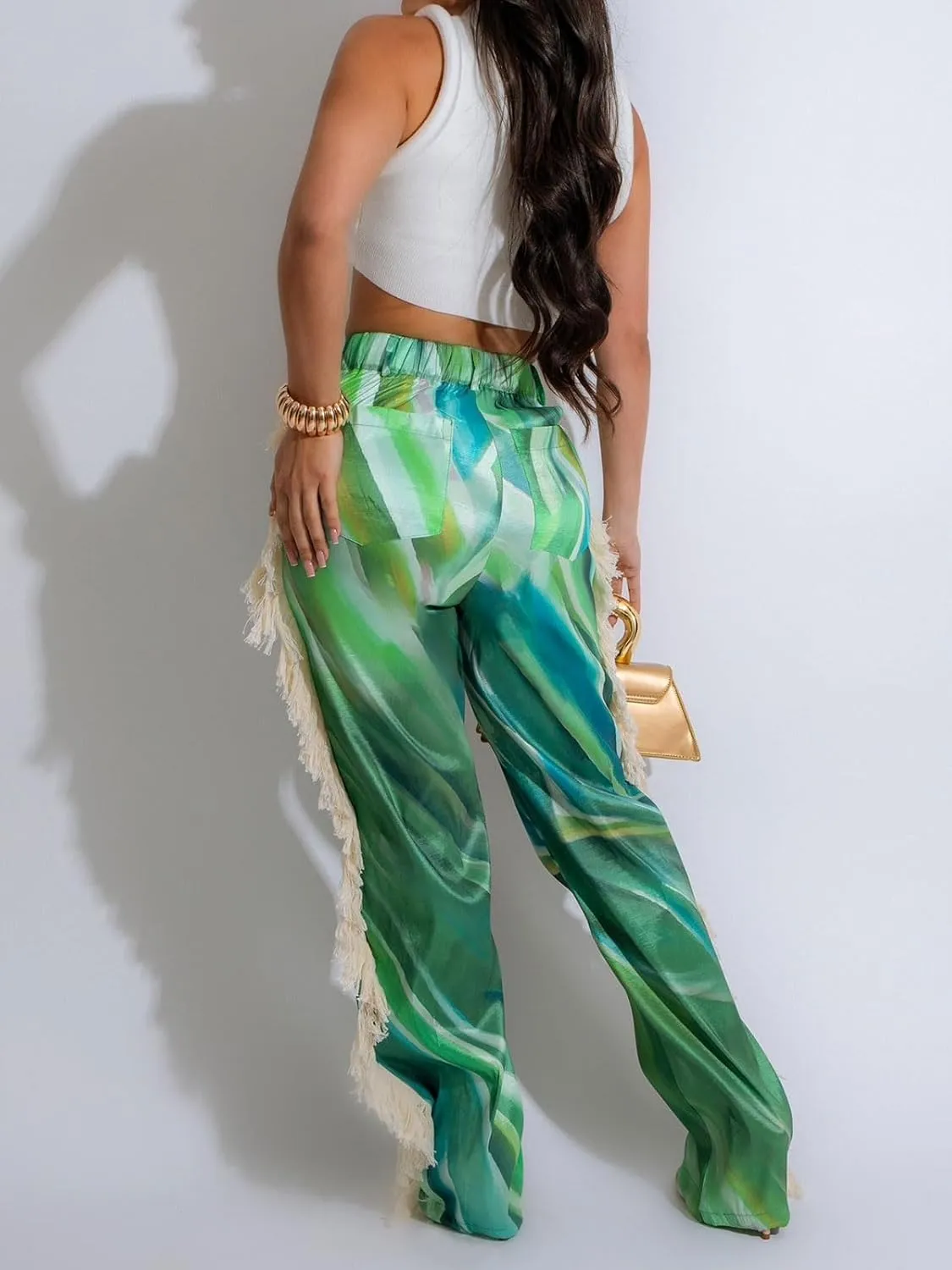 Angsuttc High Waisted Pants for Women Fringe Straight Leg Print Trendy Pants