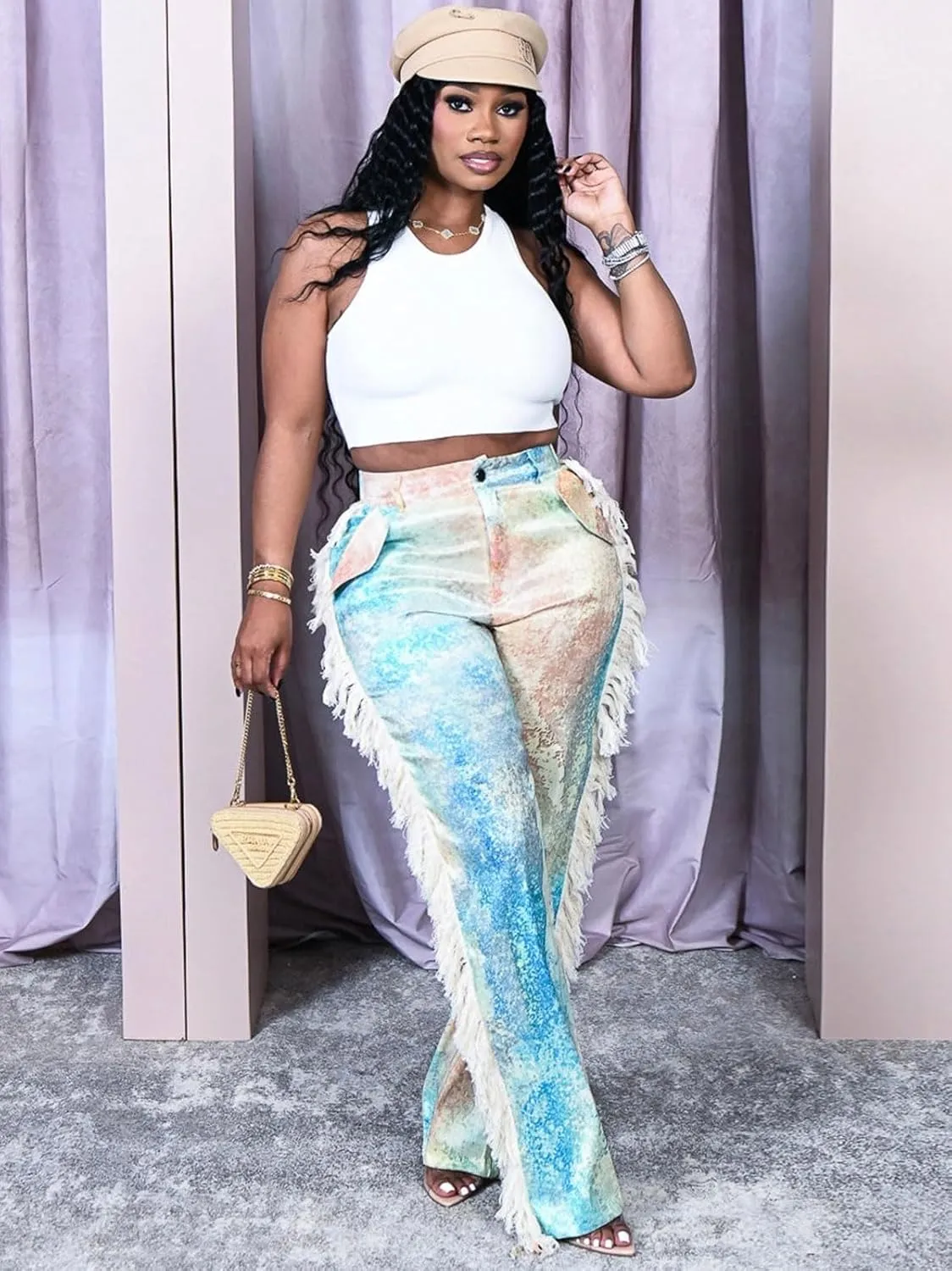 Angsuttc High Waisted Pants for Women Fringe Straight Leg Print Trendy Pants