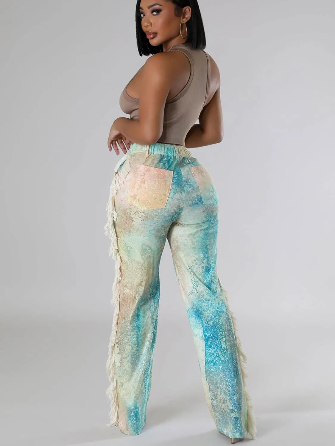 Angsuttc High Waisted Pants for Women Fringe Straight Leg Print Trendy Pants