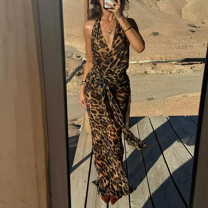 Back To School Joskaa Women's 2Pieces Skirts Outfits Leopard Print V-Neck Bow Tie-Up Halter Sleeveless Tank Tops   Mermaid Long Skirts Set