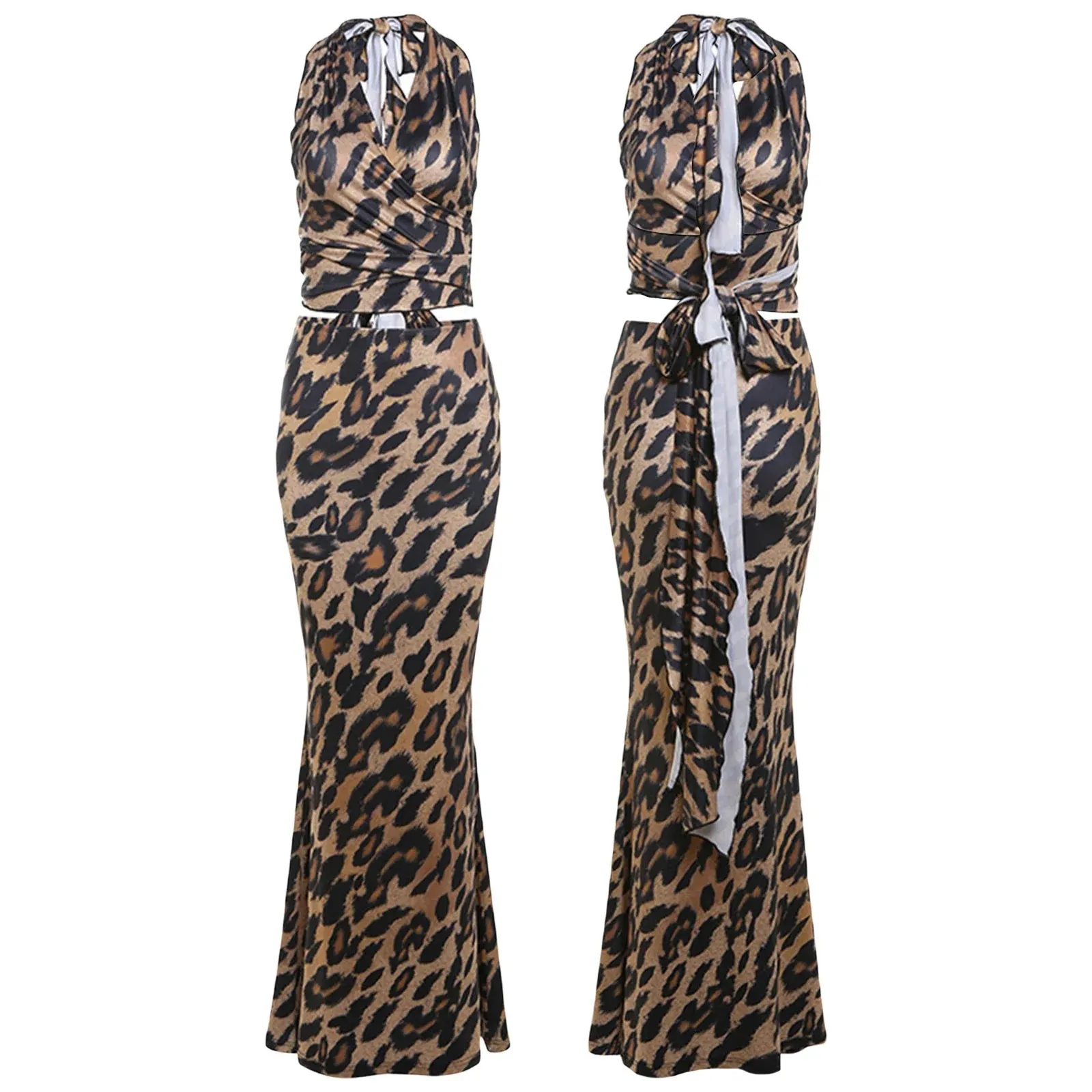 Back To School Joskaa Women's 2Pieces Skirts Outfits Leopard Print V-Neck Bow Tie-Up Halter Sleeveless Tank Tops   Mermaid Long Skirts Set