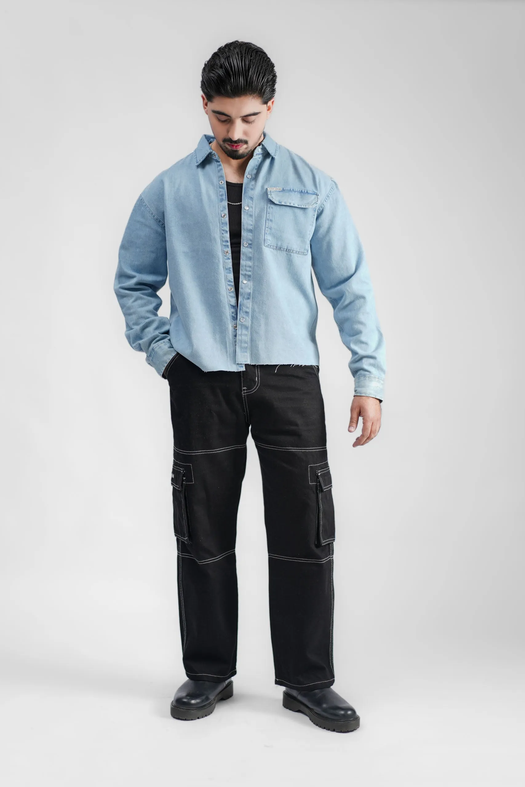 Black Denim Cargo - Straight Fit