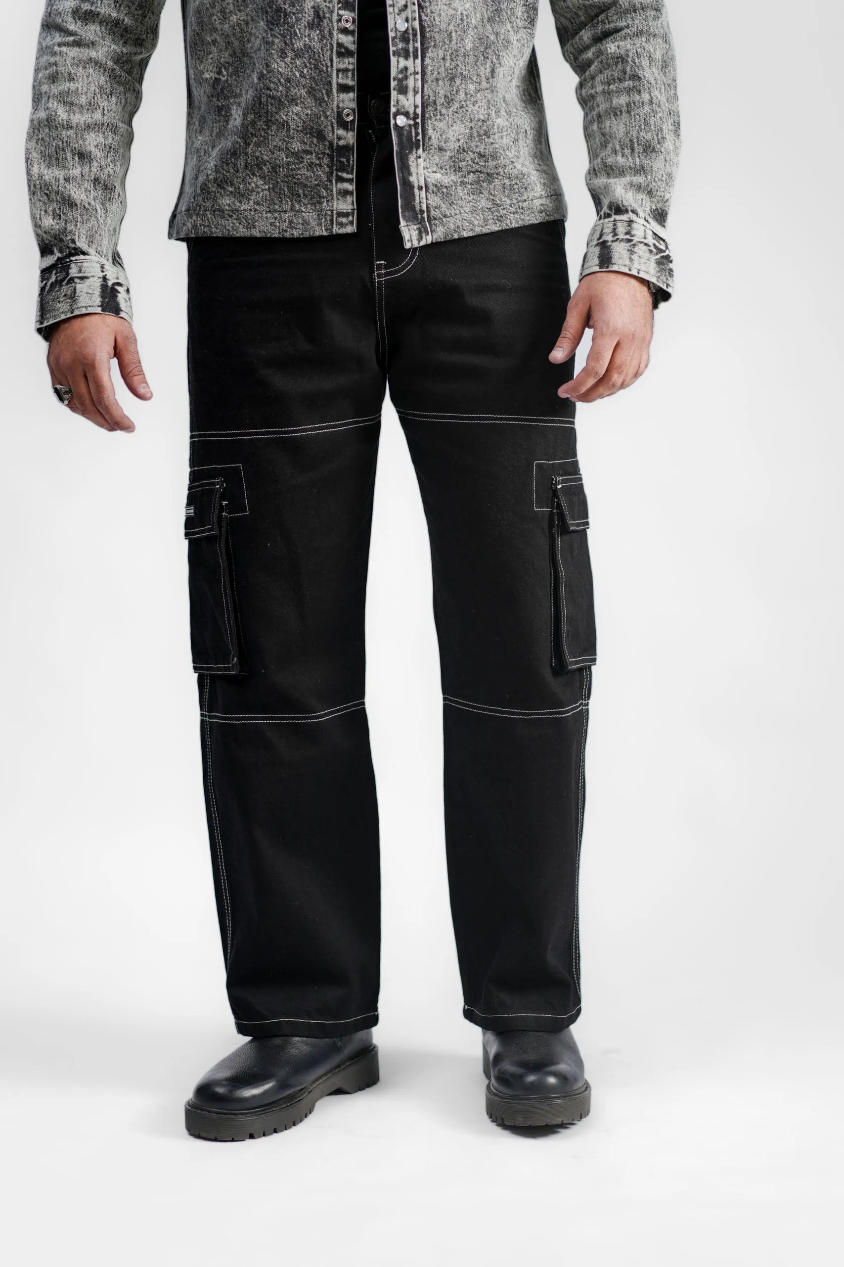 Black Denim Cargo - Straight Fit