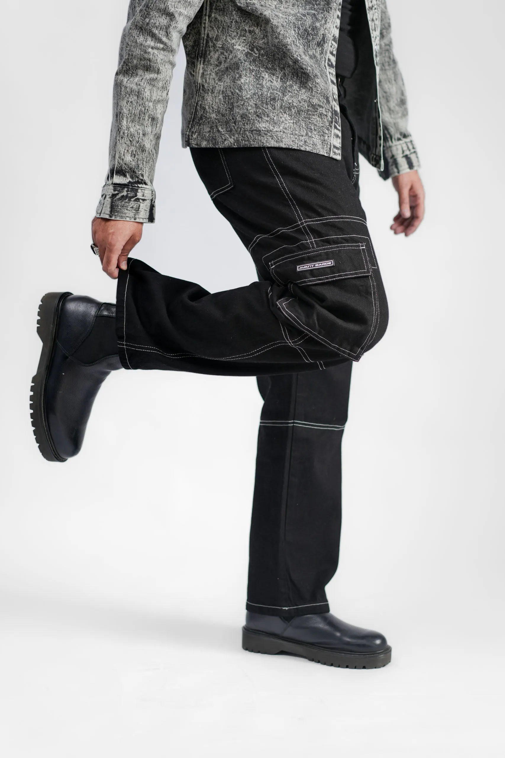 Black Denim Cargo - Straight Fit