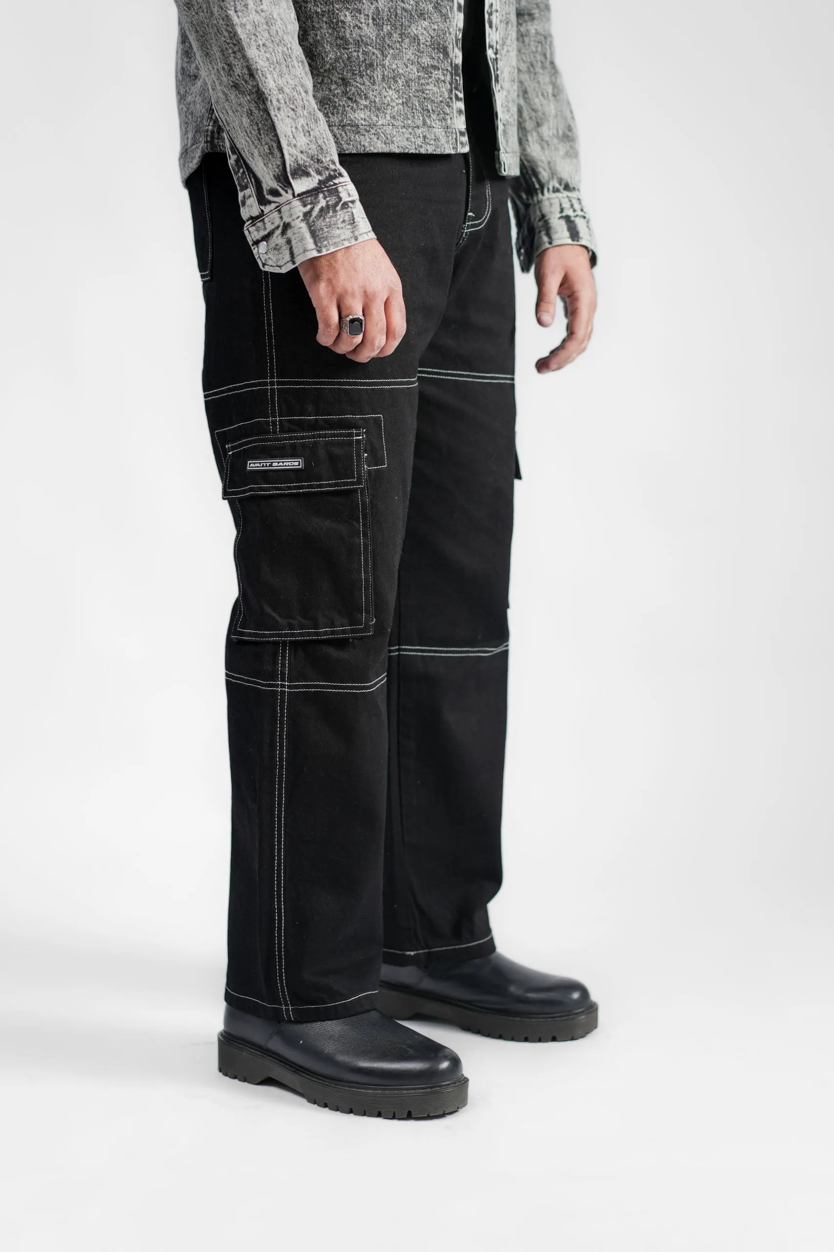 Black Denim Cargo - Straight Fit