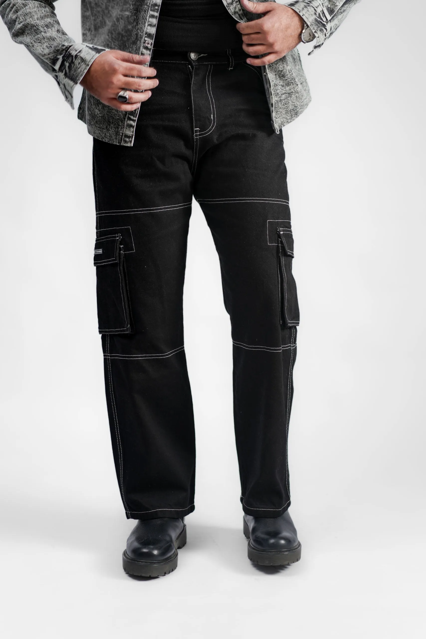 Black Denim Cargo - Straight Fit
