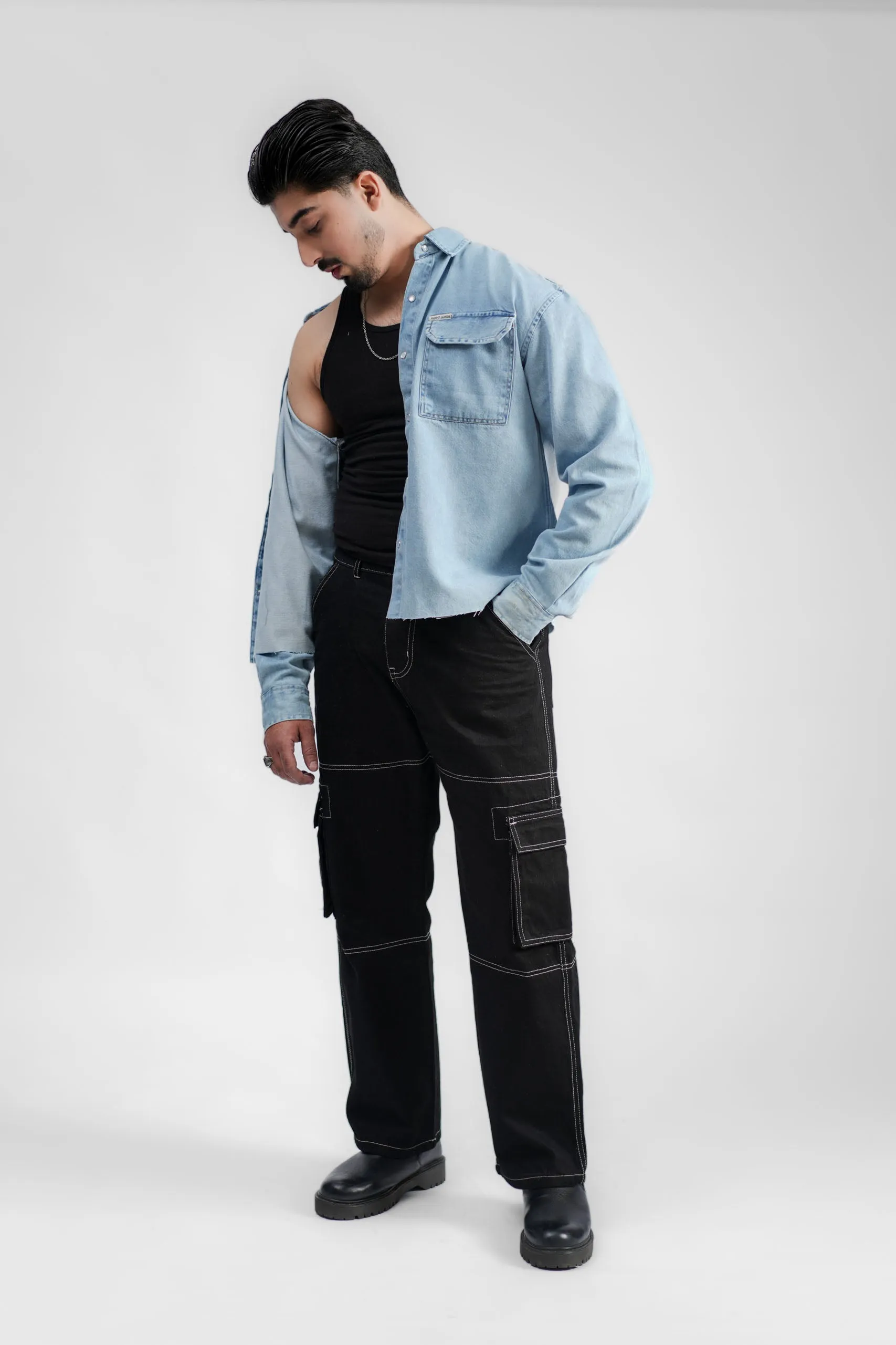 Black Denim Cargo - Straight Fit