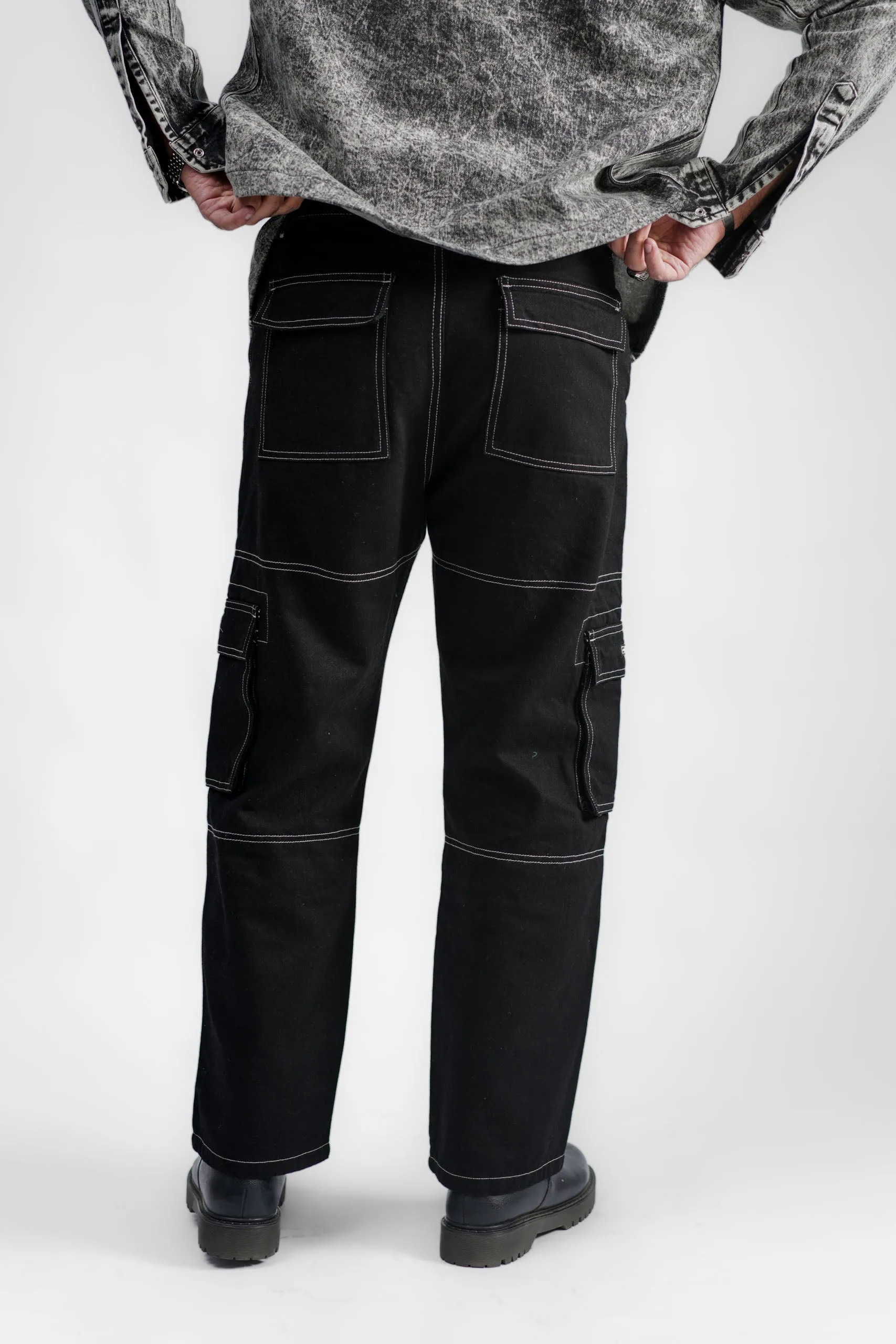 Black Denim Cargo - Straight Fit