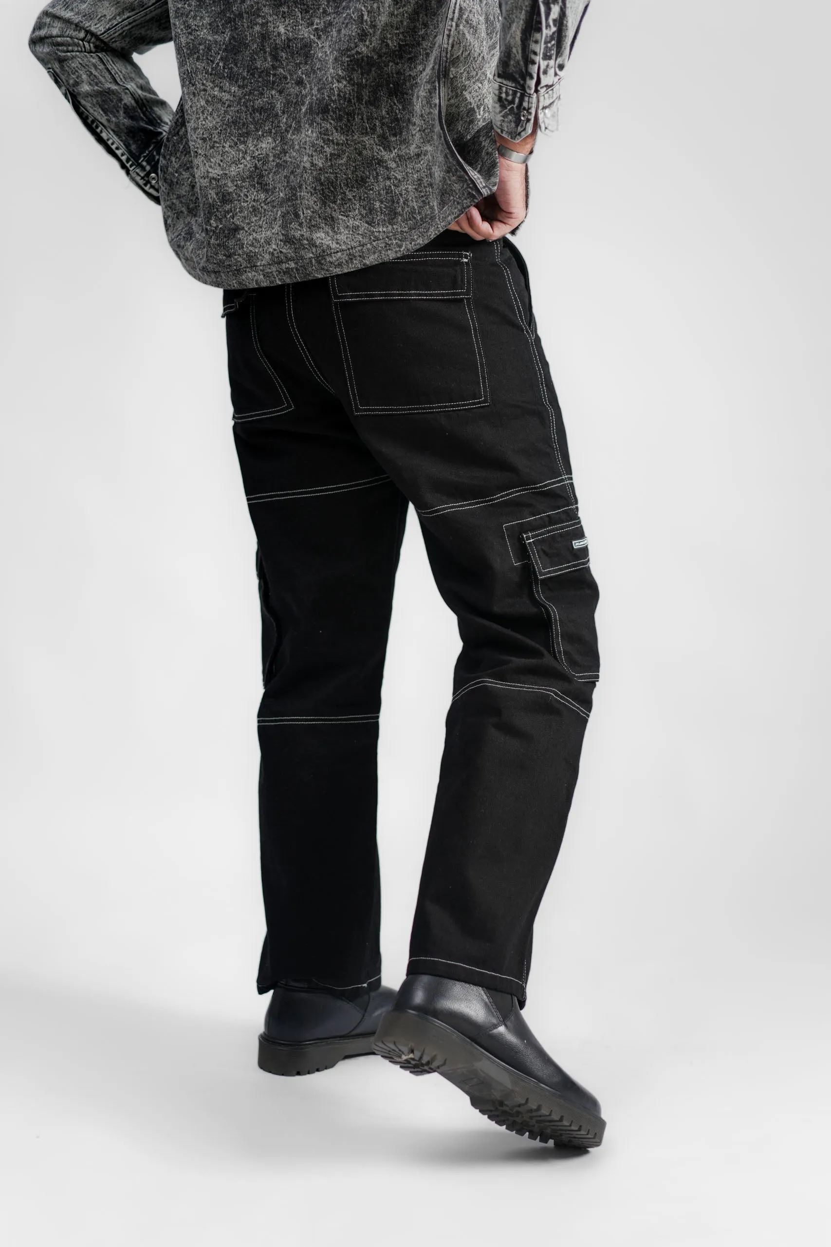 Black Denim Cargo - Straight Fit