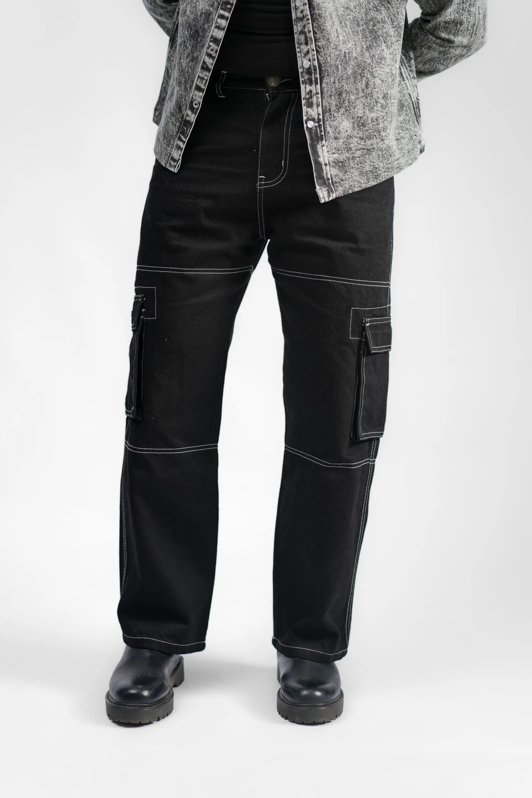 Black Denim Cargo - Straight Fit