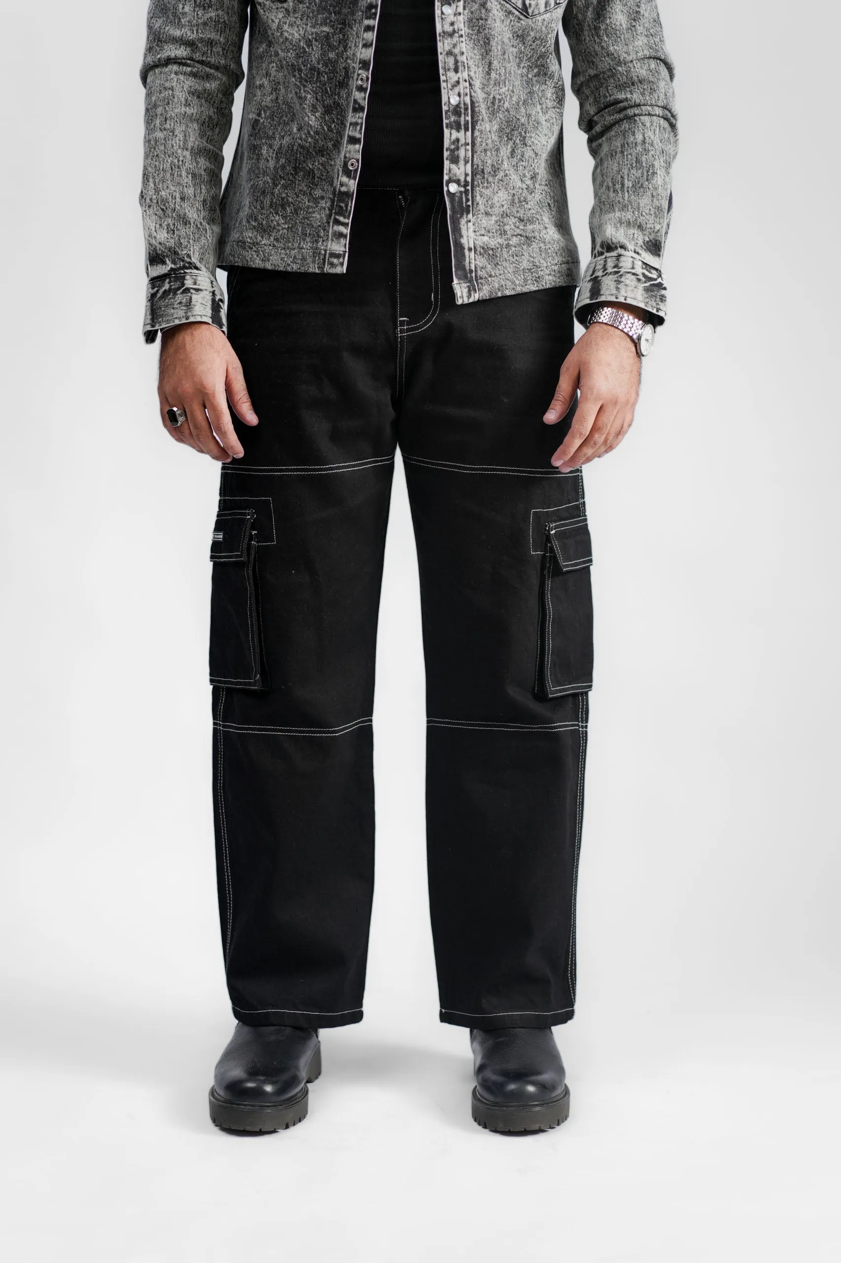 Black Denim Cargo - Straight Fit
