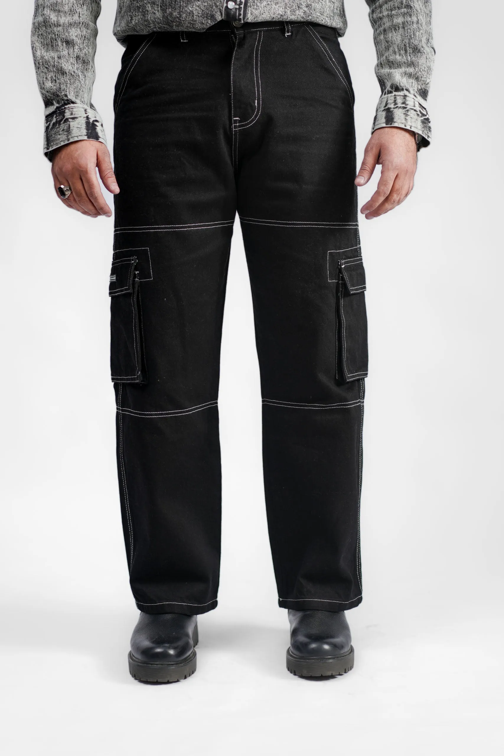 Black Denim Cargo - Straight Fit
