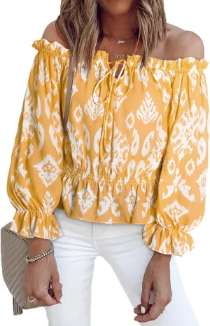 BLENCOT Summer Sexy Off Shoulder Tops for Women Boho Ruffle Sleeve Floral Chiffon Shirts Blouses