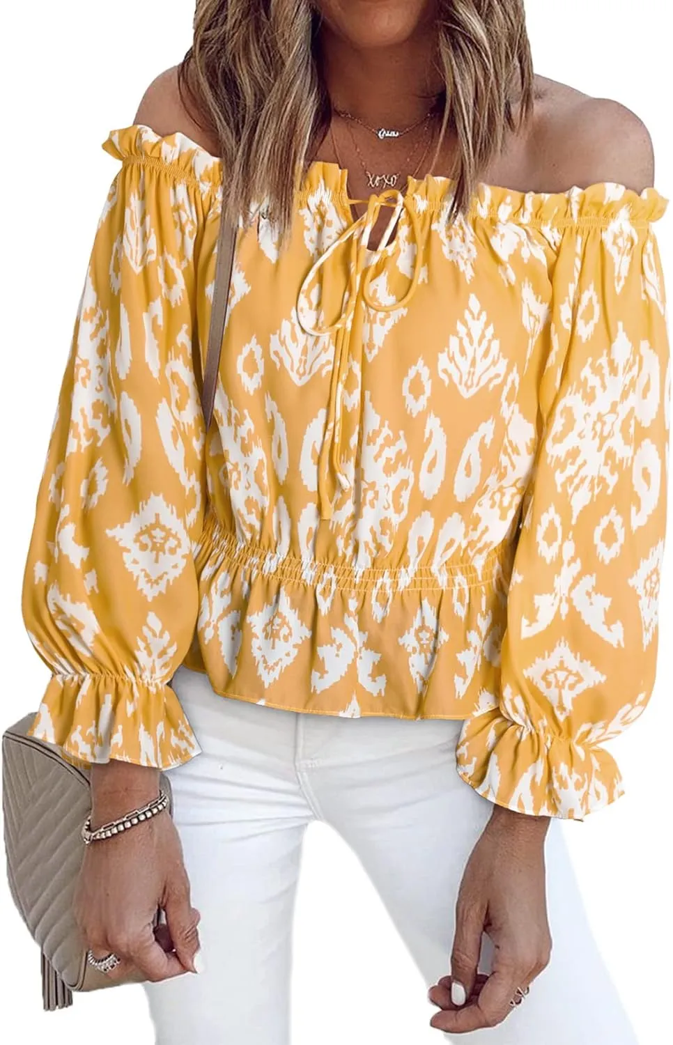 BLENCOT Summer Sexy Off Shoulder Tops for Women Boho Ruffle Sleeve Floral Chiffon Shirts Blouses