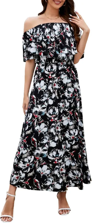 Bluetime Womens Maxi Dress Off Shoulder Floral Print Boho Beach Long Summer Dresses