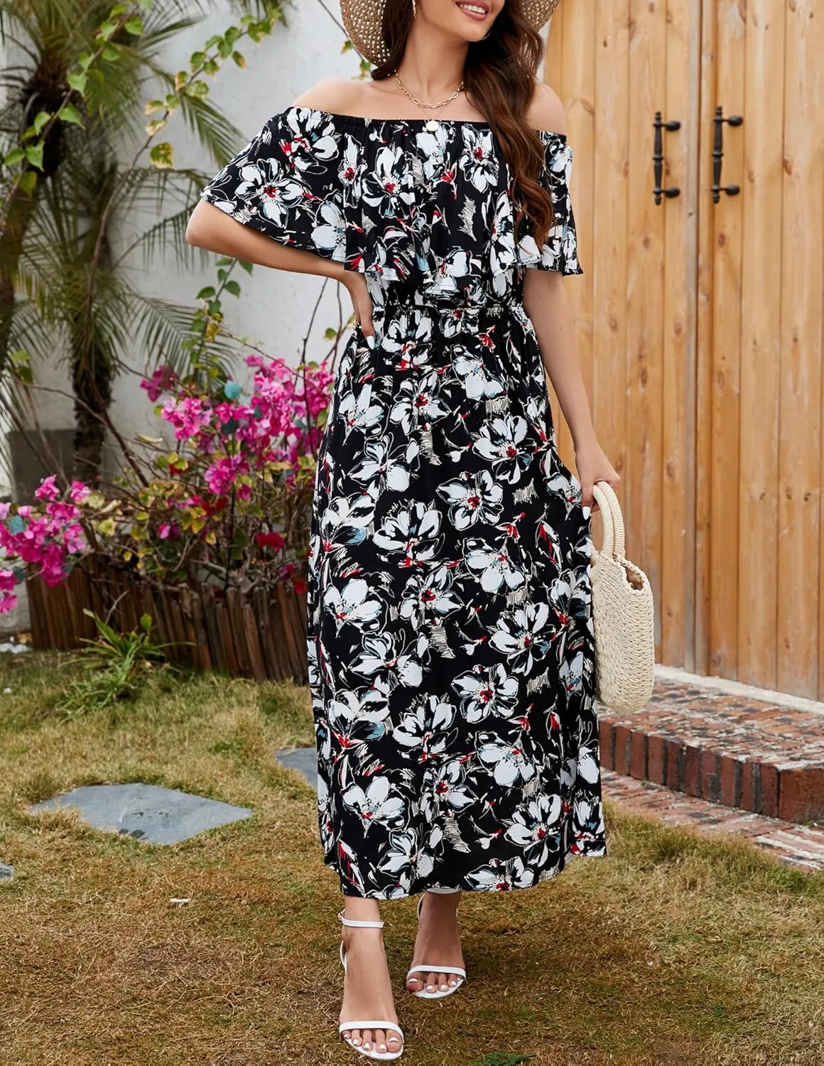 Bluetime Womens Maxi Dress Off Shoulder Floral Print Boho Beach Long Summer Dresses
