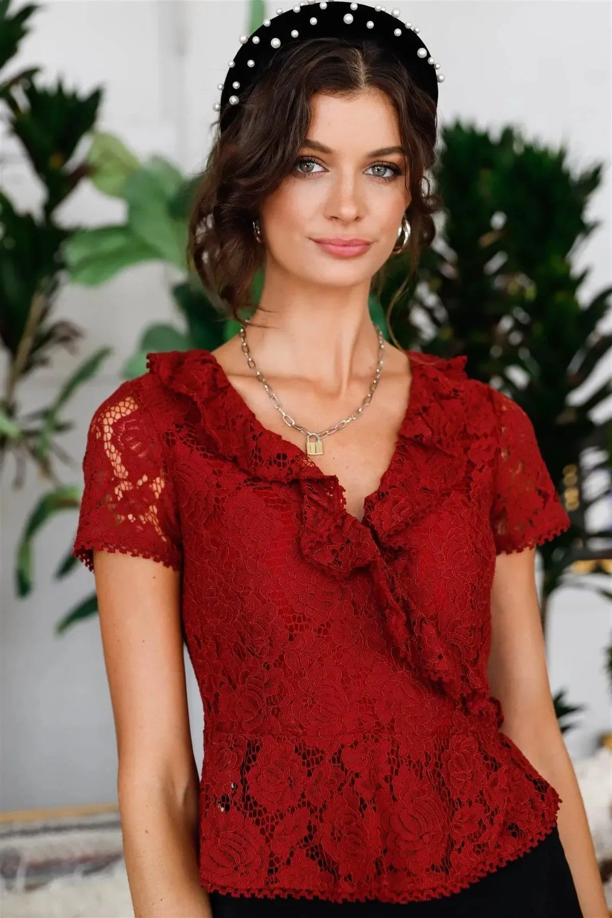 Burgundy Cotton Floral Lace Ruffle Trim Wrap Top /2-3