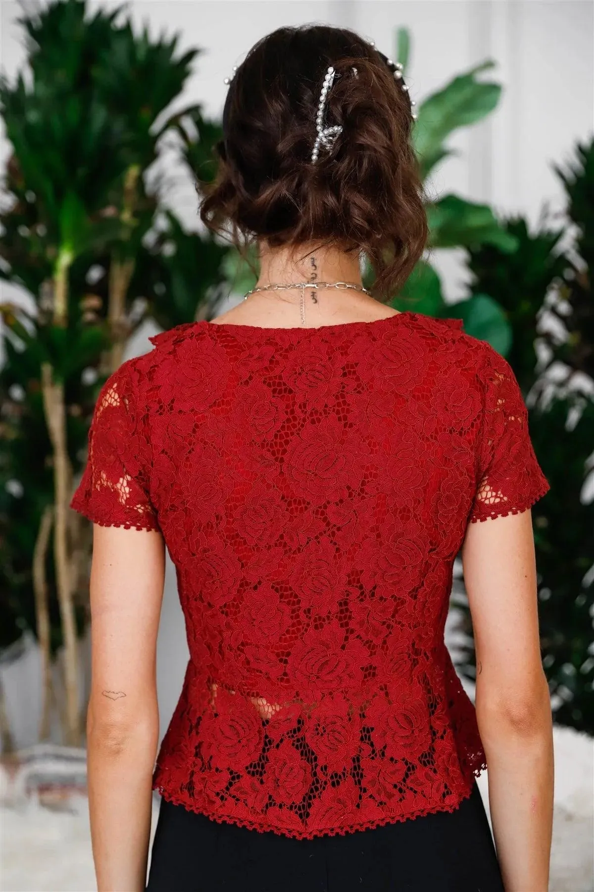 Burgundy Cotton Floral Lace Ruffle Trim Wrap Top /2-3