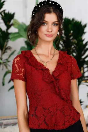 Burgundy Cotton Floral Lace Ruffle Trim Wrap Top /2-3