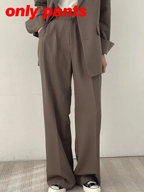 Casual Solid Blazer Suit Women High Waist Straight Pants Office Outfits