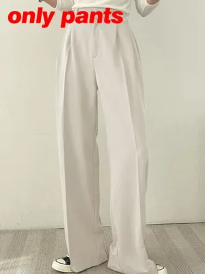 Casual Solid Blazer Suit Women High Waist Straight Pants Office Outfits