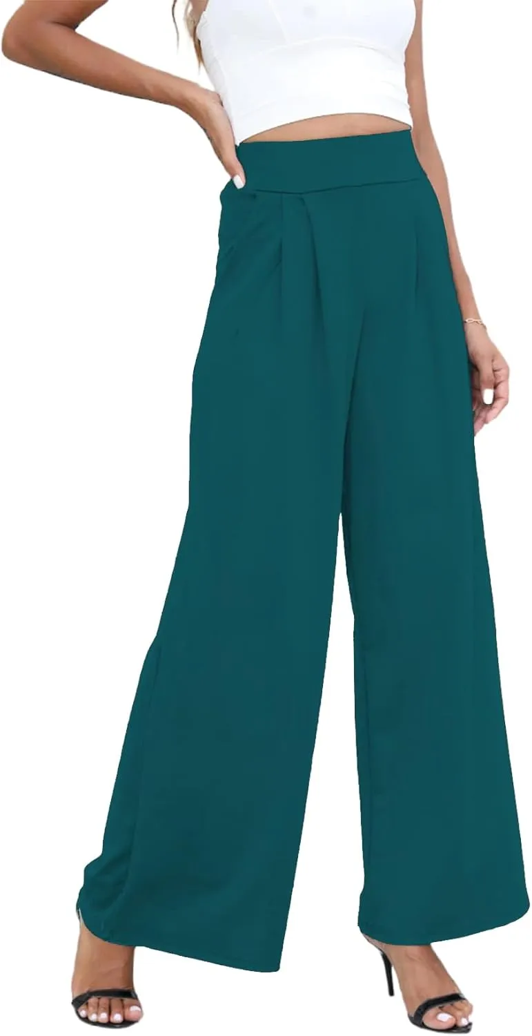 Chatinction Women's Casual Palazzo Pants High Waist Pleated Polka Dot Printed Wide Leg Pants with Pockets