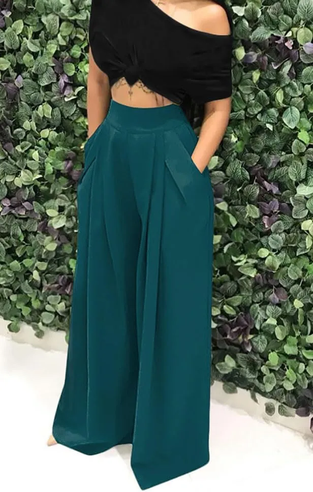 Chatinction Women's Casual Palazzo Pants High Waist Pleated Polka Dot Printed Wide Leg Pants with Pockets