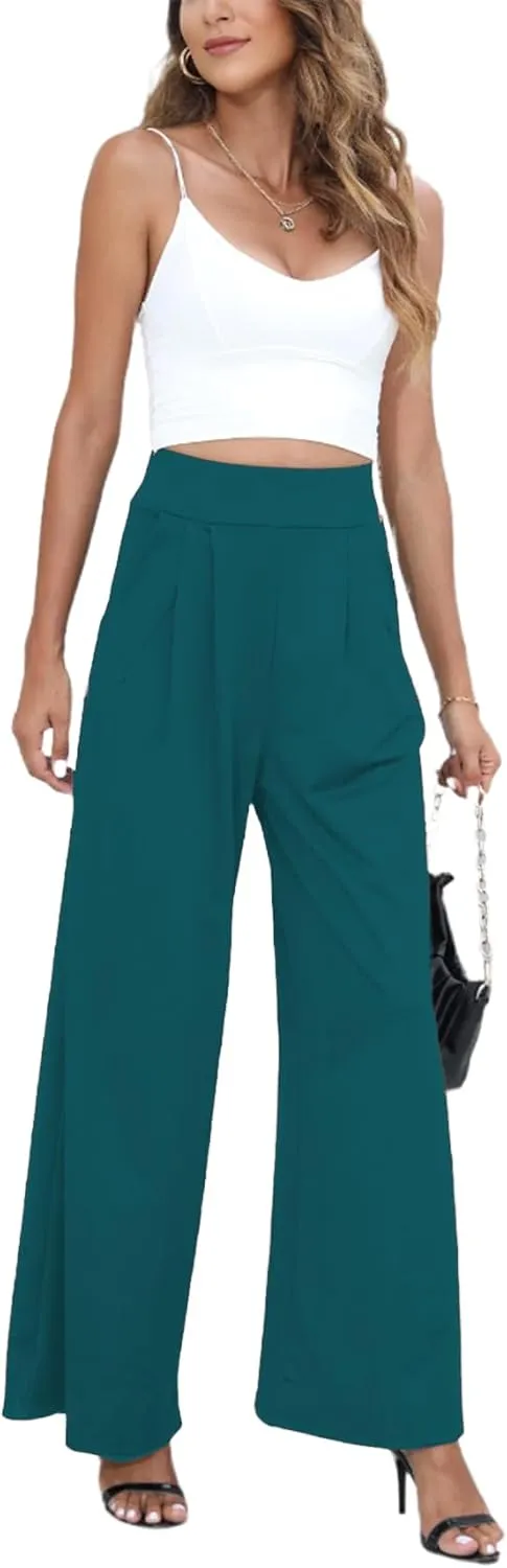 Chatinction Women's Casual Palazzo Pants High Waist Pleated Polka Dot Printed Wide Leg Pants with Pockets