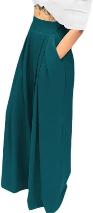 Chatinction Women's Casual Palazzo Pants High Waist Pleated Polka Dot Printed Wide Leg Pants with Pockets