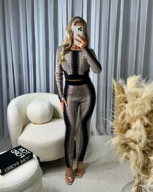 Coen Patterned Square Neck Top & Trouser Set - Camel/Black