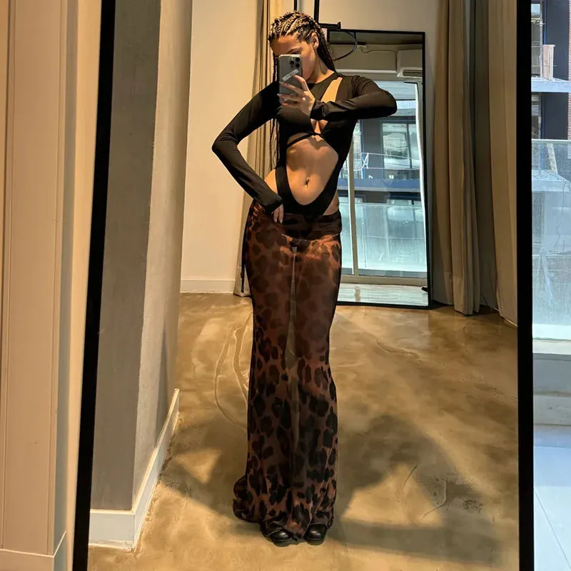 cold weather outfits Joskaa Fashion Women Leopard Print Mesh Mermaid Skirts Drawstring Bandage Waist Maxi Skirts Party Sexy Lady Transparent Long Skirts Y2k
