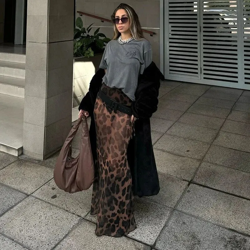 cold weather outfits Joskaa Fashion Women Leopard Print Mesh Mermaid Skirts Drawstring Bandage Waist Maxi Skirts Party Sexy Lady Transparent Long Skirts Y2k