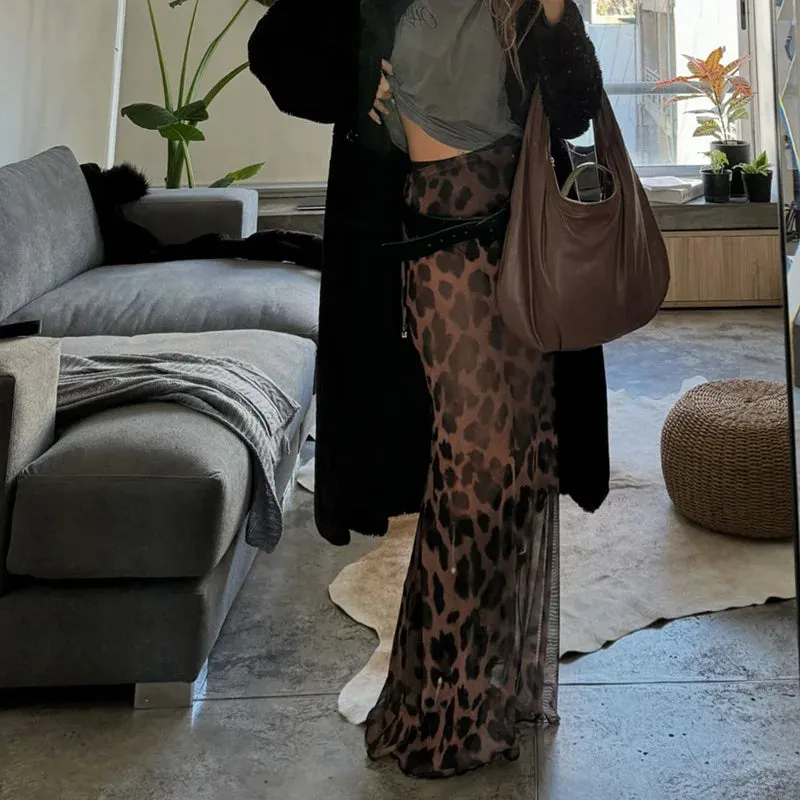 cold weather outfits Joskaa Fashion Women Leopard Print Mesh Mermaid Skirts Drawstring Bandage Waist Maxi Skirts Party Sexy Lady Transparent Long Skirts Y2k