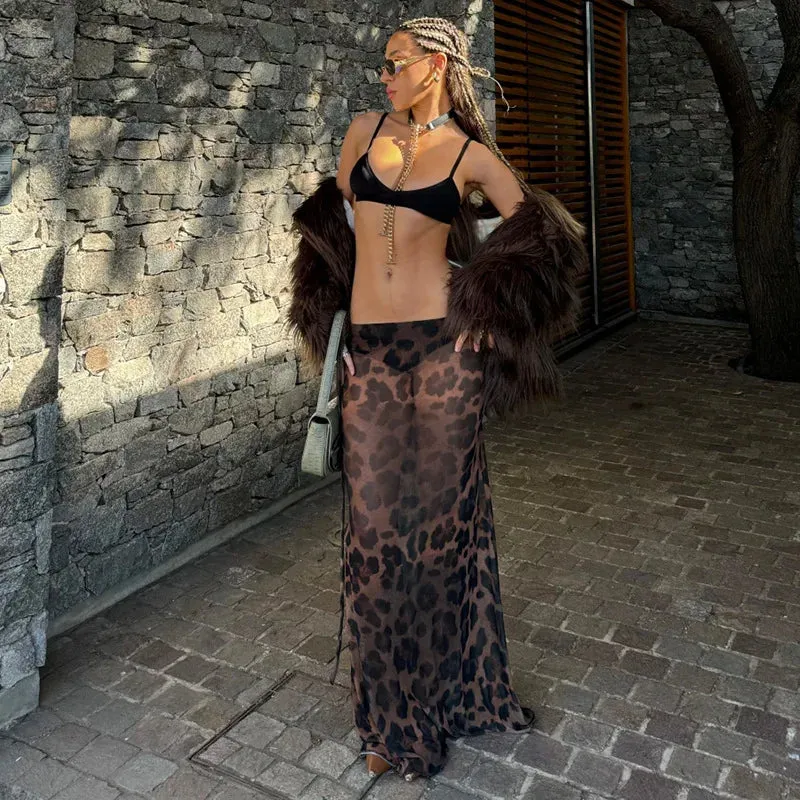 cold weather outfits Joskaa Fashion Women Leopard Print Mesh Mermaid Skirts Drawstring Bandage Waist Maxi Skirts Party Sexy Lady Transparent Long Skirts Y2k