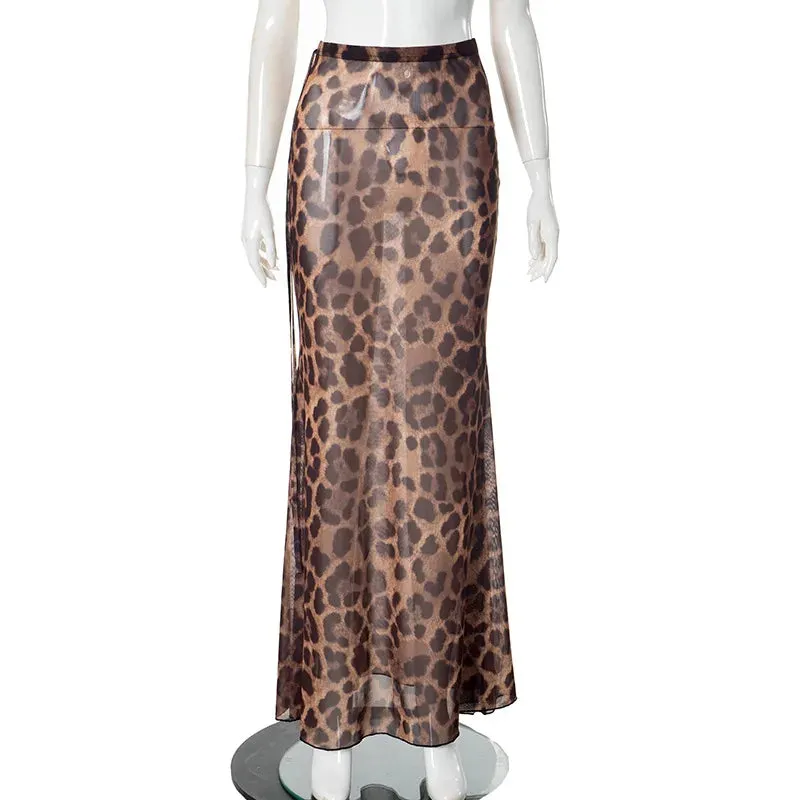 cold weather outfits Joskaa Fashion Women Leopard Print Mesh Mermaid Skirts Drawstring Bandage Waist Maxi Skirts Party Sexy Lady Transparent Long Skirts Y2k