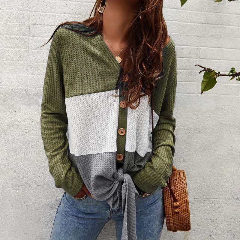Colorblock V Neck Button Up Knit Sweater