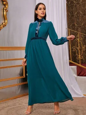 Contrast Panel Elastic Waist A-line Chiffon Dress