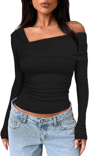 Darong Women's One Off Shoulder Long Sleeve Tops Ruched Going Out Crop Shirts Slim Fit Y2K Tee Blouse