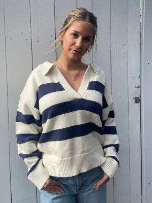 Deep V Collared Striped Sweater
